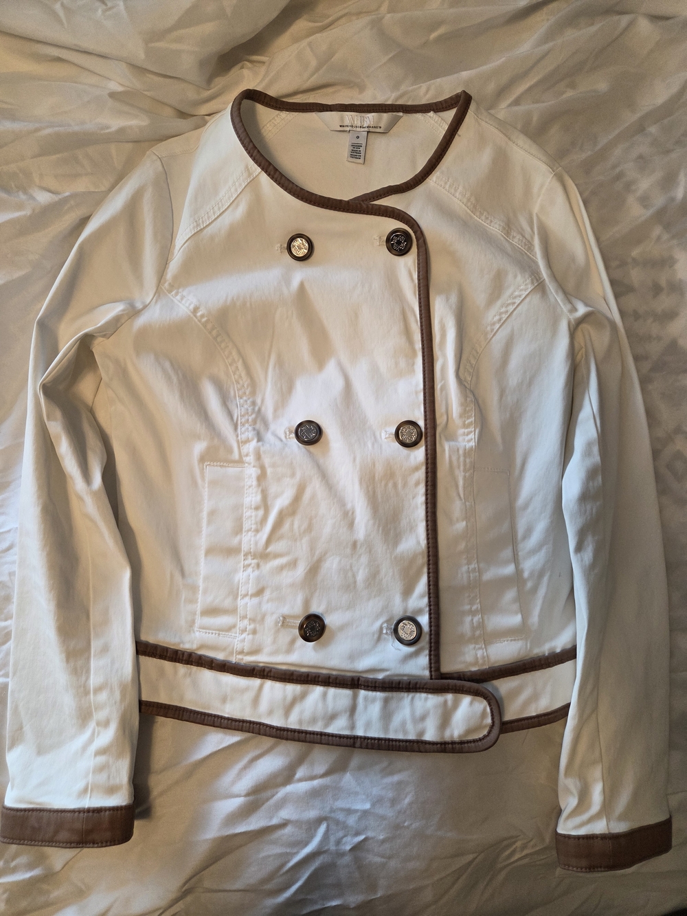 WHBM White and Brown Camel Trim Women's Double Breasted Coat Jacket - Picture 6 of 7